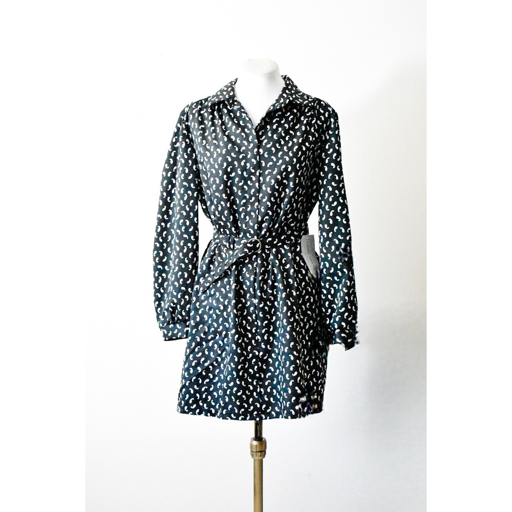 Vintage 70s Bayard Sport Black White Paisley Shirt Dress Long Sleeve Belted Mini